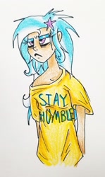 Size: 1689x2834 | Tagged: safe, artist:smirk, imported from derpibooru, trixie, human, bed mane, clothes, grumpy, humanized, oversized clothes, pouting, shirt, sleepy, t-shirt, tired, traditional art