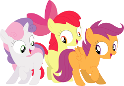 Size: 3587x2479 | Tagged: safe, artist:porygon2z, imported from derpibooru, apple bloom, scootaloo, sweetie belle, earth pony, pegasus, pony, unicorn, blank flank, cutie mark crusaders, raised hoof, simple background, smiling, transparent background, vector