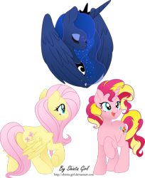 Size: 2213x2711 | Tagged: safe, artist:shinta-girl, imported from derpibooru, fluttershy, pinkie pie, princess luna, sunset shimmer, alicorn, pegasus, pony, unicorn, female, fusion, group, mare, raised hoof, simple background, transparent background, vector