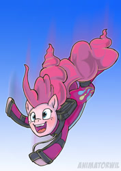 Size: 1240x1754 | Tagged: safe, artist:animatorwil, imported from derpibooru, pinkie pie, earth pony, pony, clothes, cute, cutie mark on clothes, diapinkes, falling, female, jumpsuit, motion blur, parachute, sky, skydiving, solo