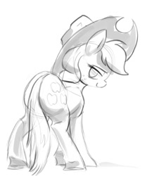 Size: 397x474 | Tagged: safe, artist:gsphere, imported from derpibooru, applejack, earth pony, pony, butt, female, grayscale, looking at you, looking back, looking back at you, mare, monochrome, plot, simple background, sketch, smiling, solo, white background