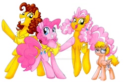 Size: 1024x683 | Tagged: safe, artist:pitterpaint, imported from derpibooru, cheese sandwich, pinkie pie, oc, oc:creamcheese, oc:dulce leche, oc:dull leche, earth pony, pegasus, pony, apron, cheesepie, clothes, colt, family, female, glasses, male, mare, offspring, parent:cheese sandwich, parent:pinkie pie, parents:cheesepie, pigtails, shipping, simple background, straight, traditional art, twintails, watermark, white background