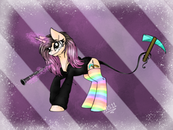 Size: 2048x1536 | Tagged: safe, artist:melonseed11, imported from derpibooru, oc, oc only, oc:nicole, pony, unicorn, augmented tail, clarinet, clothes, female, magic, mare, musical instrument, pickaxe, rainbow socks, socks, solo, striped socks, sweater, tail hold