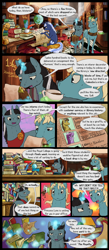 Size: 2000x4600 | Tagged: safe, artist:seventozen, imported from derpibooru, oc, oc only, oc:quill (seventozen), oc:silverlay, oc:wisteria, giraffe, original species, unicorn, comic:the day breaks softly, book, comic, female, globe, magic, male, mare, stallion, umbra pony