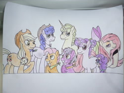 Size: 4320x3240 | Tagged: safe, artist:thr3eguess3s, imported from derpibooru, applejack, sugar belle, oc, oc:blackurrant, oc:damson jam, oc:freestone peach, oc:jackfruit, oc:raspberry tart, earth pony, pony, unicorn, bow, cowboy hat, family, female, hair bow, hat, lesbian, magical lesbian spawn, male, mare, neckerchief, offspring, parent:applejack, parent:sugar belle, parents:sugarjack, shipping, stallion, sugarjack, traditional art