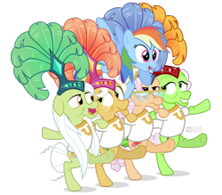 Size: 1000x875 | Tagged: safe, artist:dm29, imported from derpibooru, apple rose, auntie applesauce, goldie delicious, granny smith, rainbow dash, earth pony, pegasus, pony, grannies gone wild, can can, can-can, feather hat, female, gold horseshoe gals, kickline, mare, showgirl, simple background, transparent background