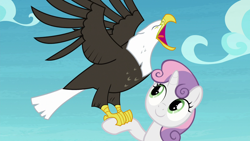 Size: 1920x1080 | Tagged: safe, imported from derpibooru, screencap, sweetie belle, bald eagle, eagle, pony, unicorn, surf and/or turf, eyes closed, falconry, female, filly, open beak, screech, solo, spread wings, wings