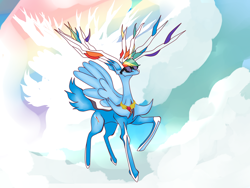 Size: 1024x768 | Tagged: safe, artist:hanaty, imported from derpibooru, rainbow dash, deer, original species, peryton, xerneas, abstract background, crossover, element of loyalty, female, pokefied, pokémon, raised hoof, solo, species swap, sunglasses