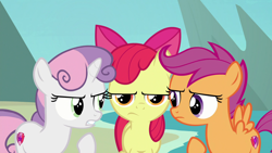 Size: 1920x1080 | Tagged: safe, imported from derpibooru, screencap, apple bloom, scootaloo, sweetie belle, earth pony, pegasus, pony, unicorn, surf and/or turf, apple bloom is not amused, argument, cutie mark crusaders, female, filly, trio, unamused