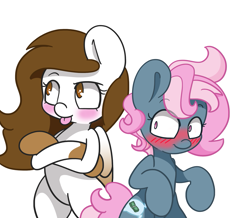 Size: 1503x1308 | Tagged: safe, artist:lou, imported from derpibooru, oc, oc only, oc:dusty star major, oc:juicy dream, earth pony, pegasus, pony, blushing, coat markings, duo, female, flirting, lesbian, mare, oc x oc, pinto, shipping, tongue out