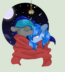 Size: 1392x1548 | Tagged: safe, artist:xxreddevil12xx, imported from derpibooru, oc, oc only, oc:link, oc:techno, oc:techno universal, unicorn, base used, blanket, female, kissing, male, mare, night, stallion