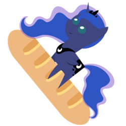 Size: 512x512 | Tagged: safe, imported from derpibooru, princess luna, pony, baguette, bread, emoji, food, french bread, pointy ponies, riding, simple background, smiling, transparent background