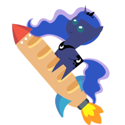 Size: 512x512 | Tagged: safe, imported from derpibooru, princess luna, pony, baguette, bread, emoji, food, french bread, pointy ponies, riding, rocket, simple background, smiling, transparent background