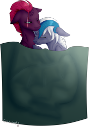 Size: 980x1389 | Tagged: safe, artist:sychia, imported from derpibooru, fizzlepop berrytwist, tempest shadow, oc, oc:elizabat stormfeather, alicorn, bat pony, bat pony alicorn, pony, unicorn, my little pony: the movie, alicorn oc, blanket, blushing, broken horn, canon x oc, cuddling, cute, eye scar, eyes closed, female, lesbian, mare, ocbetes, scar, shipping, simple background, sleeping, stormshadow, tempestbetes, transparent background