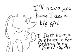 Size: 1400x1000 | Tagged: safe, artist:spritepony, imported from derpibooru, oc, oc only, oc:sprite, alicorn, pony, alicorn oc, blatant lies, denial, freckles, frown, implied watersports, monochrome, open mouth, please add tags, sketch, solo, speech