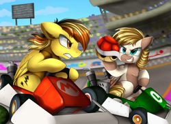 Size: 3395x2472 | Tagged: safe, artist:pridark, imported from derpibooru, oc, oc only, pegasus, pony, audience, cart, chest fluff, commission, crossover, driving, mario kart, nintendo, racing, red shell, stands