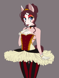 Size: 676x883 | Tagged: safe, artist:askbubblelee, imported from derpibooru, oc, oc only, oc:marionette, anthro, earth pony, anthro oc, breasts, clothes, female, gloves, lipstick, makeup, mare, simple background, small breasts, solo, tutu