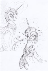 Size: 1600x2351 | Tagged: safe, artist:dilarus, deleted from derpibooru, imported from derpibooru, nightmare moon, alicorn, pony, armor, dialogue, female, grayscale, helmet, mare, monochrome, pouting, simple background, sketch, solo, thought bubble, traditional art, white background