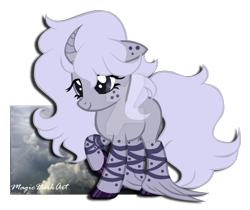 Size: 1024x861 | Tagged: safe, artist:magicdarkart, imported from derpibooru, oc, oc only, oc:yuno, pony, unicorn, curved horn, female, mare, simple background, solo, transparent background, unshorn fetlocks, watermark