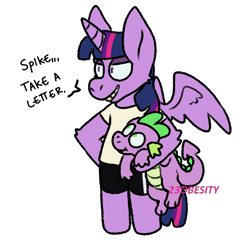 Size: 864x837 | Tagged: safe, artist:pony-puke, imported from derpibooru, spike, twilight sparkle, alicorn, anthro, clothes, simple background, speech, transparent background, twilight sparkle (alicorn)