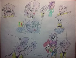 Size: 1247x960 | Tagged: safe, artist:jebens1, imported from derpibooru, apple bloom, diamond tiara, scootaloo, spoiled rich, sweetie belle, crusaders of the lost mark, equestria girls, boots, clothes, compression shorts, crying, cutie mark crusaders, diamond, equestria girls interpretation, equestria girls-ified, female, high heel boots, mother and daughter, scene interpretation, shoes, shorts, skirt, the pony i want to be, traditional art