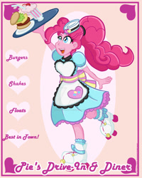 Size: 1024x1280 | Tagged: safe, artist:yoshimarsart, imported from derpibooru, pinkie pie, coinky-dink world, eqg summertime shorts, equestria girls, burger, clothes, dress, female, food, hamburger, milkshake, roller skates, server pinkie pie, solo