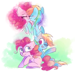 Size: 4596x4568 | Tagged: safe, artist:pinkablue, imported from derpibooru, pinkie pie, rainbow dash, earth pony, pegasus, pony, abstract background, absurd resolution, blushing, comforting, eyes closed, female, lesbian, mare, nuzzling, one eye closed, pinkiedash, raised hoof, shipping, smiling, teary eyes