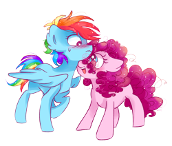 Size: 3792x3215 | Tagged: safe, artist:pinkablue, imported from derpibooru, pinkie pie, rainbow dash, earth pony, pegasus, pony, blushing, female, lesbian, mare, pinkiedash, raised hoof, shipping, simple background, smiling, transparent background