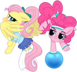 Size: 1824x1712 | Tagged: safe, artist:astralblues, artist:starrcoma, imported from derpibooru, fluttershy, pinkie pie, earth pony, pegasus, pony, ball, blushing, cheerleader, duo, female, flutterpie, lesbian, looking back, shipping, simple background, smiling, sweatband, transparent background