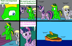 Size: 1003x645 | Tagged: safe, artist:didgereethebrony, imported from derpibooru, derpy hooves, twilight sparkle, oc, oc:didgeree, alicorn, comic:wreck of the renaissance, flooding, listing, ship, sinking, sinking ship, twilight sparkle (alicorn)