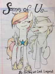 Size: 761x1023 | Tagged: safe, artist:the pony of lost legend, imported from derpibooru, oc, oc only, pegasus, pony, unicorn, fanfic, fanfic art, fanfic cover, gay, hoof shoes, horn, lined paper, male, oc x oc, pegasus oc, raised hoof, royal guard, shipping, smiling, smirk, traditional art, unamused, unicorn oc, wings