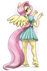 Size: 1071x1600 | Tagged: safe, artist:king-kakapo, imported from derpibooru, fluttershy, anthro, pegasus, unguligrade anthro, blushing, bow, clothes, cute, dress, female, hoof hands, looking at you, looking back, looking back at you, mare, multiple variants, ribbon, shyabetes, solo, unshorn fetlocks, wings