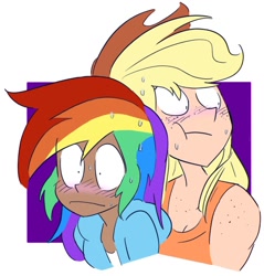 Size: 750x786 | Tagged: safe, artist:drawbauchery, artist:lordsauronthegreat, color edit, edit, imported from derpibooru, applejack, rainbow dash, human, appledash, applejack's hat, blushing, clothes, colored, cowboy hat, female, freckles, hat, hoodie, humanized, lesbian, shipping