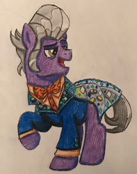 Size: 2100x2662 | Tagged: safe, artist:bozzerkazooers, imported from derpibooru, gladmane, earth pony, pony, viva las pegasus, clothes, male, open mouth, raised hoof, solo, stallion, traditional art