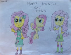 Size: 2915x2252 | Tagged: safe, artist:smurfettyblue, derpibooru exclusive, imported from derpibooru, fluttershy, pegasus, pony, equestria girls, equestria girls series, fluttershy day, human ponidox, self ponidox, text, traditional art