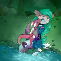 Size: 2000x2000 | Tagged: safe, artist:polakz, imported from derpibooru, oc, oc:sushi, dragon, sea pony, clothes, cute, dress, duo, full color, hug, kimono (clothing), river