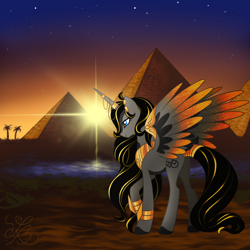 Size: 2048x2048 | Tagged: safe, artist:myhandsarecrazy, imported from derpibooru, oc, oc only, alicorn, pony, alicorn oc, alicorn princess, armband, desert, ear piercing, earring, egypt, egyptian, female, horn jewelry, jewelry, oasis, palm tree, piercing, pyramids of giza, regalia, sky, solo, spread wings, stars, sun, sunset, tail wrap, tree, wings