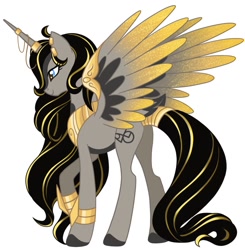 Size: 1296x1320 | Tagged: safe, artist:myhandsarecrazy, imported from derpibooru, oc, oc only, alicorn, pony, alicorn oc, alicorn princess, armband, ear piercing, earring, egyptian, female, horn jewelry, jewelry, piercing, regalia, simple background, solo, spread wings, tail wrap, white background, wings