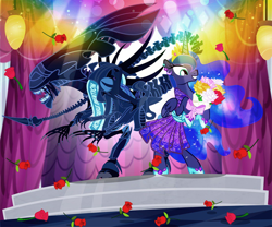 Size: 1100x917 | Tagged: safe, artist:pixelkitties, imported from derpibooru, princess luna, alicorn, pony, alien (franchise), clothes, crossover, dress, female, flower, mare, rose, smiling, stage, xenomorph queen