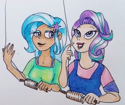 Size: 2880x2413 | Tagged: safe, artist:smirk, imported from derpibooru, starlight glimmer, trixie, human, clothes, cute, duo, female, humanized, kite, kite flying, lesbian, shipping, smiling, startrix, traditional art