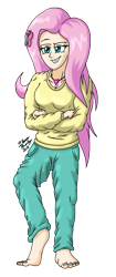 Size: 928x2200 | Tagged: safe, artist:meganekkoplymouth241, imported from derpibooru, fluttershy, human, dungeons and discords, barefoot, clothes, feet, female, humanized, jewelry, long hair, necklace, scene interpretation, simple background, solo, sweater, sweatershy, transparent background