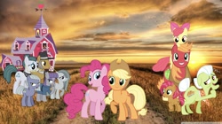 Size: 2048x1145 | Tagged: safe, editor:php77, imported from derpibooru, apple bloom, applejack, big macintosh, cloudy quartz, granny smith, igneous rock pie, limestone pie, marble pie, pinkie pie, pony, alternate universe, apple family, irl, photo, pie family, ponies in real life