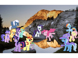 Size: 2048x1536 | Tagged: safe, editor:php77, imported from derpibooru, applejack, fluttershy, lightning dust, night glider, pinkie pie, rainbow dash, rarity, sea swirl, seafoam, spike, starlight glimmer, sunset shimmer, trixie, twilight sparkle, irl, mane seven, mane six, photo, ponies in real life