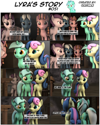 Size: 3929x4905 | Tagged: safe, artist:goatcanon, imported from derpibooru, bacon braids, bon bon, lyra heartstrings, night glider, sweetie drops, comic:lyra's story, the cutie map, 3d, comic, dialogue, equal cutie mark, equal town, our town, source filmmaker, starlight's village