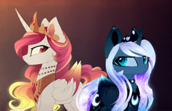 Size: 2313x1486 | Tagged: safe, artist:magnaluna, imported from derpibooru, princess celestia, princess luna, alicorn, pony, alternate hairstyle, alternate universe, colored wings, cutie mark, duo, female, gradient background, horn, jewelry, looking at each other, multicolored wings, regalia, simple background, wings
