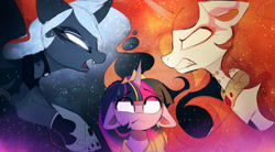 Size: 2222x1224 | Tagged: safe, artist:magnaluna, imported from derpibooru, princess celestia, princess luna, twilight sparkle, twilight sparkle (alicorn), alicorn, pony, alternate hairstyle, angry, curved horn, ear fluff, eye contact, eyeshadow, fangs, female, fight, floppy ears, flying, frown, glare, glowing eyes, horn, jewelry, looking at each other, makeup, nervous, open mouth, regalia, sparkles, spread wings, stars, sweat, this will end in tears and/or death, trio, wavy mouth, wide eyes, wings