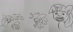 Size: 9360x4160 | Tagged: safe, artist:tjpones, imported from derpibooru, spike, twilight sparkle, twilight sparkle (alicorn), alicorn, dragon, pony, unicorn, absurd resolution, bust, comic, creepy, creepy smile, dialogue, duo, ear fluff, female, grayscale, lineart, male, mare, meme, monochrome, open mouth, shrug, simple background, smiling, special eyes, traditional art, white background