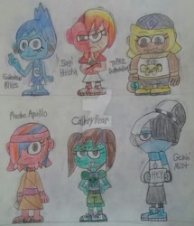 Size: 1024x1193 | Tagged: safe, artist:tobiisabunny, imported from derpibooru, oc, oc:bitter rot, oc:daybreak flare, oc:havoc fury, oc:lack luster, oc:monochrome frost, oc:moonlight blues, equestria girls, it, the loud house, the marevolent six, traditional art, watermark, younger