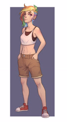 Size: 1545x2813 | Tagged: safe, artist:monnian, imported from derpibooru, rainbow dash, human, clothes, converse, female, human female, humanized, shirt, shoes, shorts, sneakers, solo, sports bra