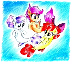 Size: 2603x2322 | Tagged: safe, artist:liaaqila, imported from derpibooru, apple bloom, scootaloo, sweetie belle, pony, seapony (g4), surf and/or turf, cute, cutie mark crusaders, female, sea-mcs, seaponified, seapony apple bloom, seapony scootaloo, seapony sweetie belle, smiling, species swap, traditional art, trio